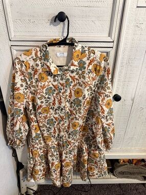 UNTUCKit Floral Long Sleeve Dress in White, Mustard & Green